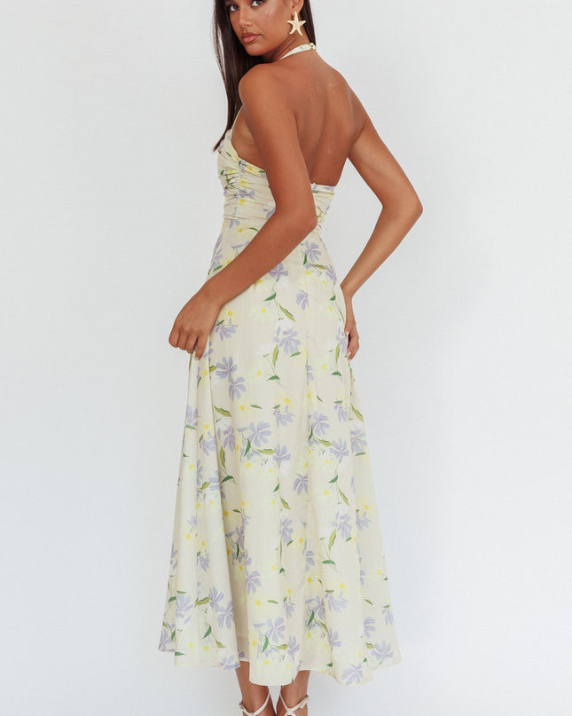 Lemon Asymmetric Neckline Halter maxi Dress Floral