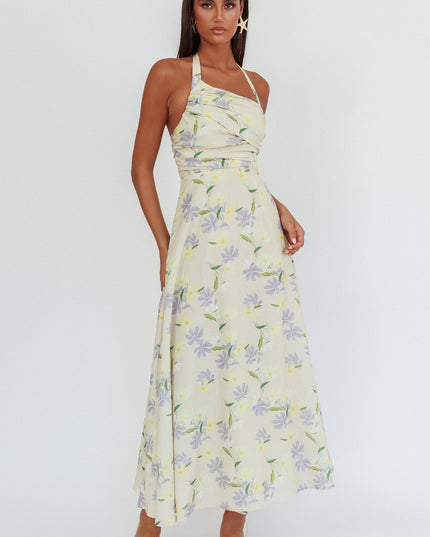 Lemon Asymmetric Neckline Halter maxi Dress Floral