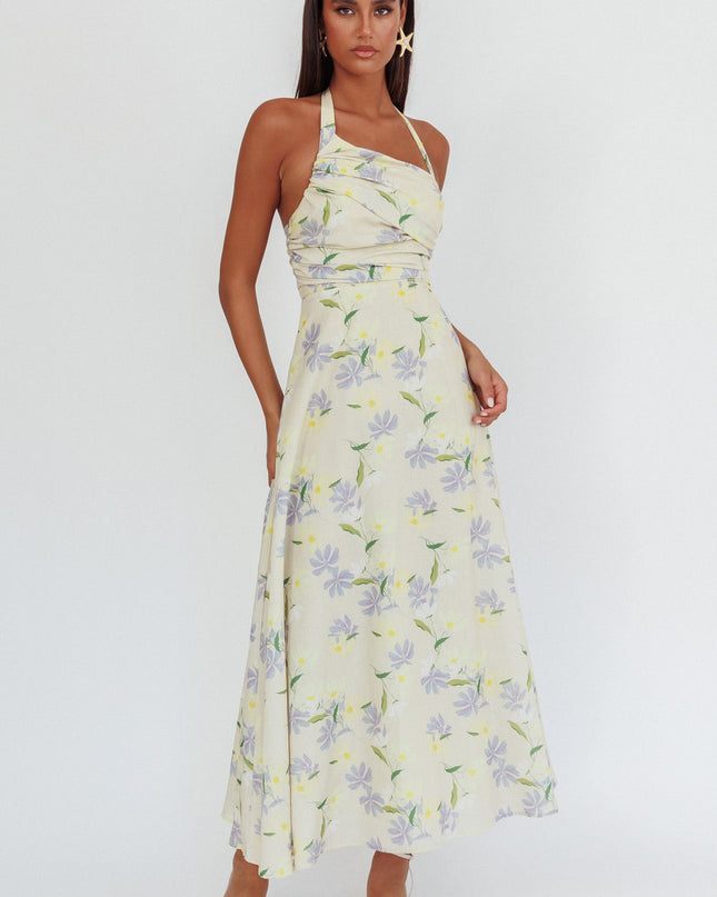 Lemon Asymmetric Neckline Halter maxi Dress Floral
