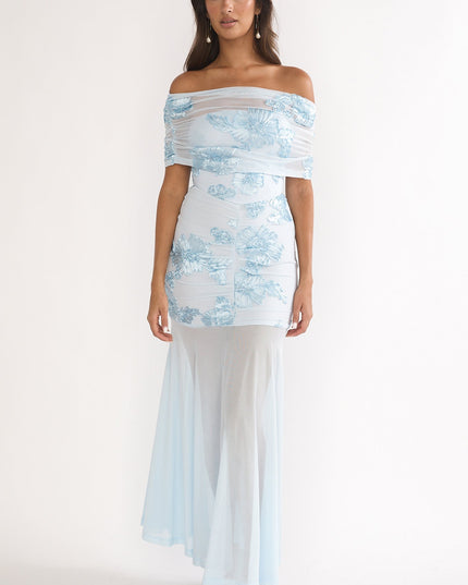 Blue Sheer Ruched Maxi Dress Embellished