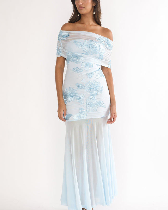Blue Sheer Ruched Maxi Dress Embellished