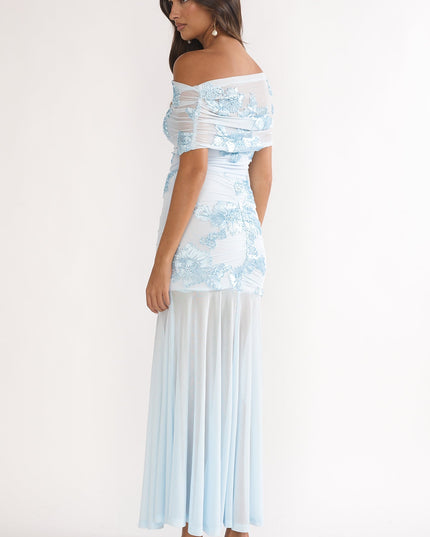 Blue Sheer Ruched Maxi Dress Embellished