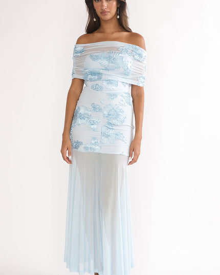 Blue Sheer Ruched Maxi Dress Embellished