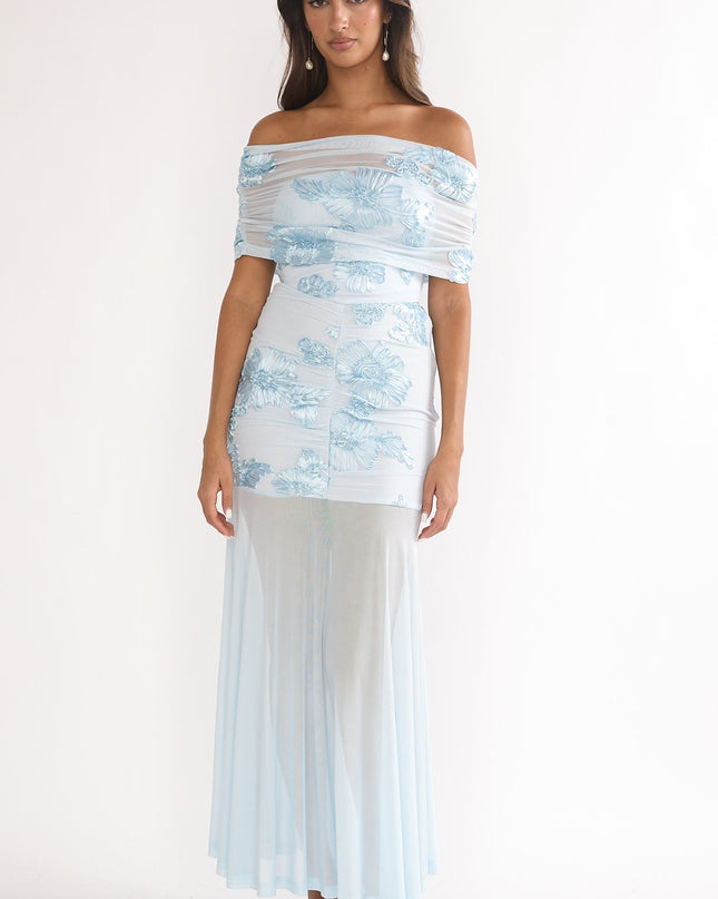 Blue Sheer Ruched Maxi Dress Embellished