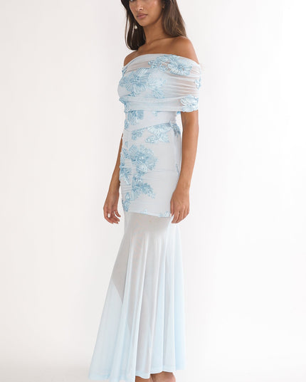 Blue Sheer Ruched Maxi Dress Embellished