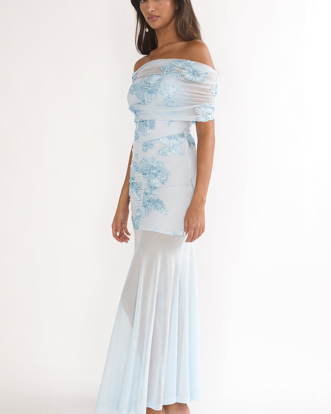 Blue Sheer Ruched Maxi Dress Embellished