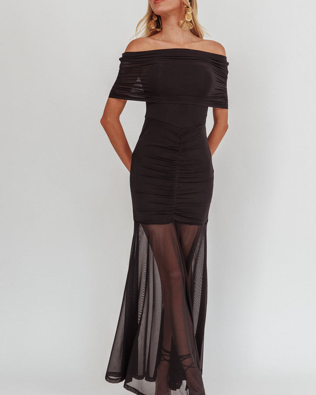 Black Sheer Ruched Maxi Dress