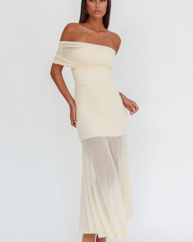 Cream Sheer Ruched Maxi Dress