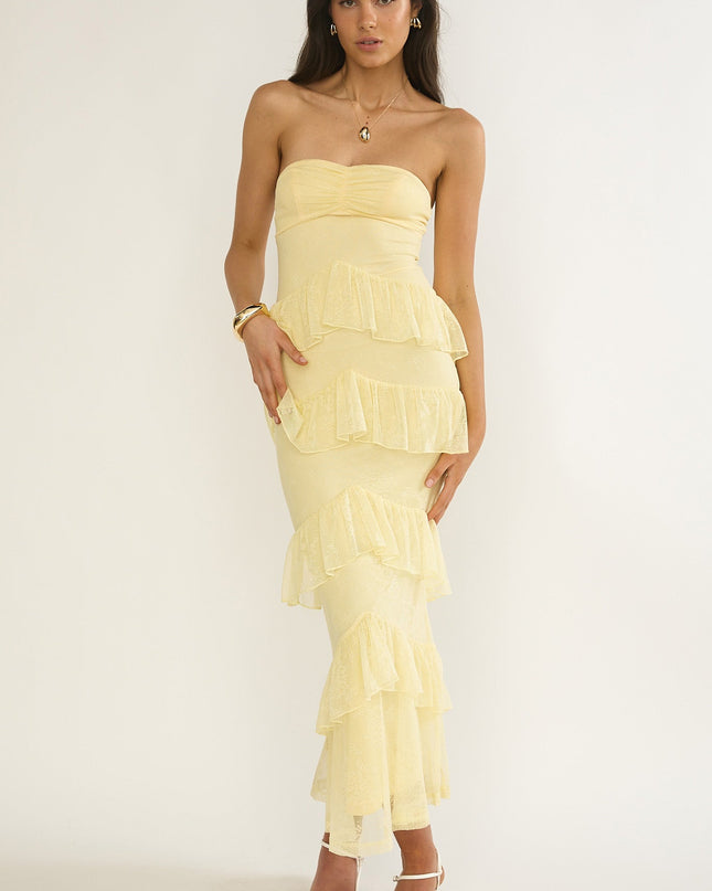 Butter Sweetheart Neckline Lace Frill Maxi Dress
