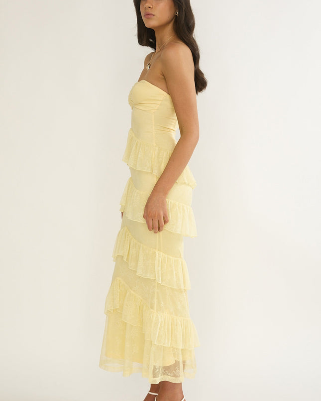 Butter Sweetheart Neckline Lace Frill Maxi Dress