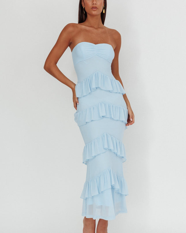 Blue Sweetheart Neckline Frill Maxi Dress
