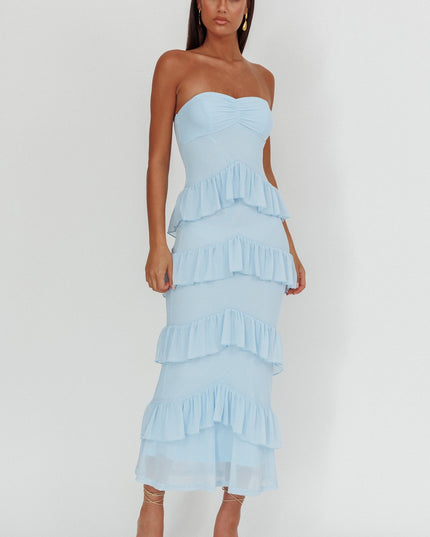 Blue Sweetheart Neckline Frill Maxi Dress