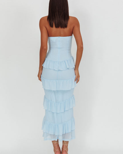Blue Sweetheart Neckline Frill Maxi Dress