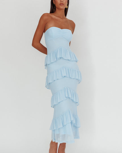 Blue Sweetheart Neckline Frill Maxi Dress