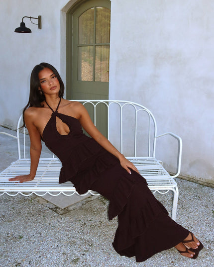 Chocolate Halterneck Frill Maxi Dress