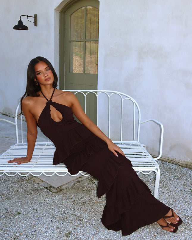 Chocolate Halterneck Frill Maxi Dress