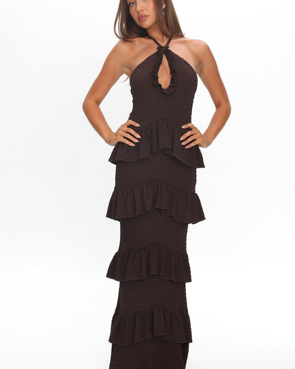 Chocolate Halterneck Frill Maxi Dress