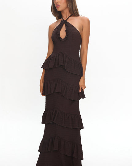 Chocolate Halterneck Frill Maxi Dress