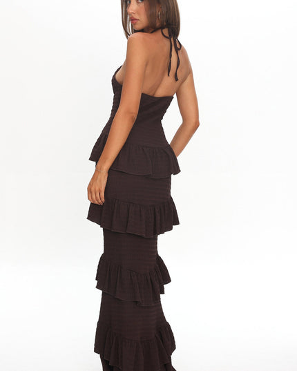 Chocolate Halterneck Frill Maxi Dress