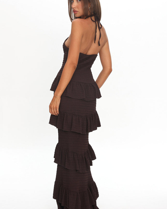 Chocolate Halterneck Frill Maxi Dress