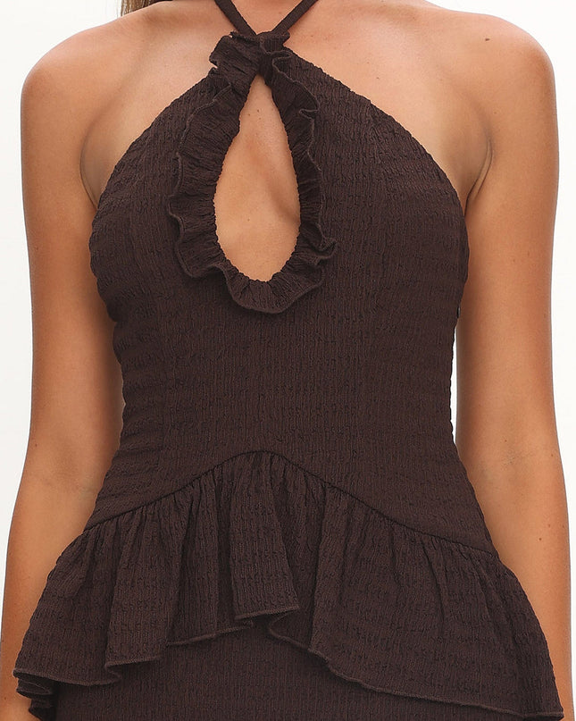 Chocolate Halterneck Frill Maxi Dress
