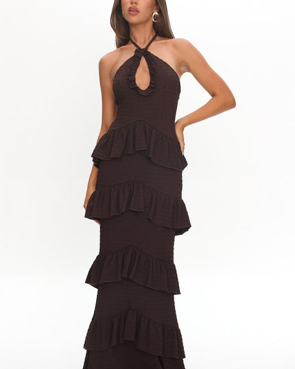 Chocolate Halterneck Frill Maxi Dress