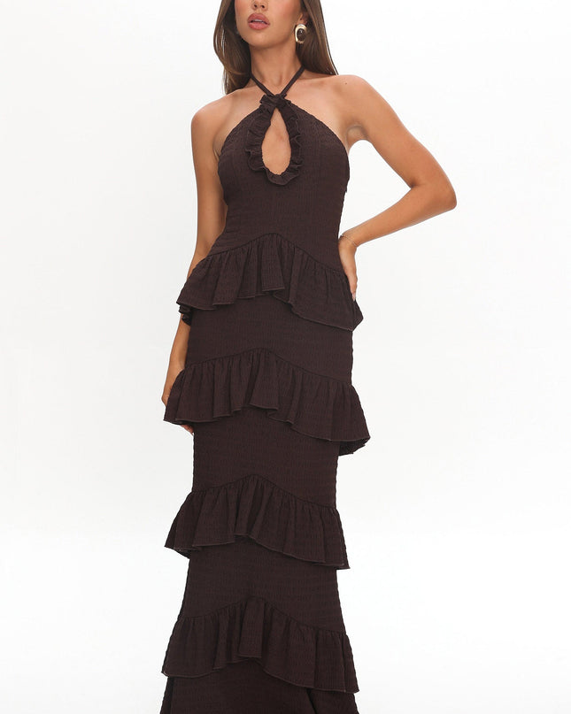 Chocolate Halterneck Frill Maxi Dress
