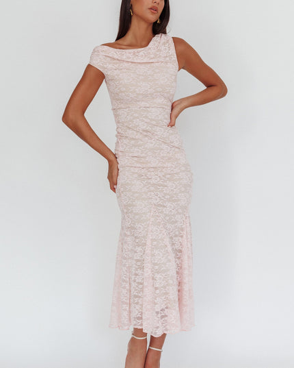 Pink Asymmetric Shoulder Godet Maxi Dress Lace