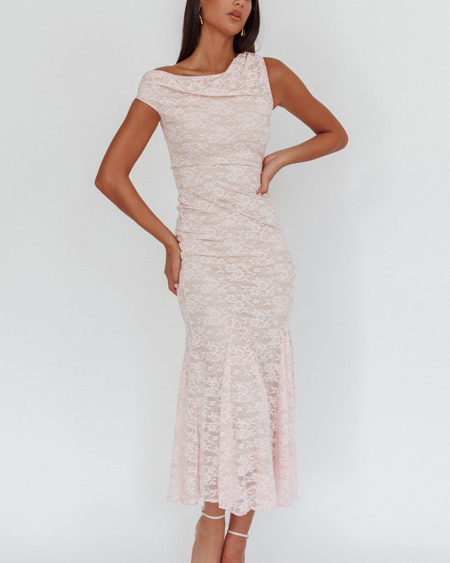 Pink Asymmetric Shoulder Godet Maxi Dress Lace