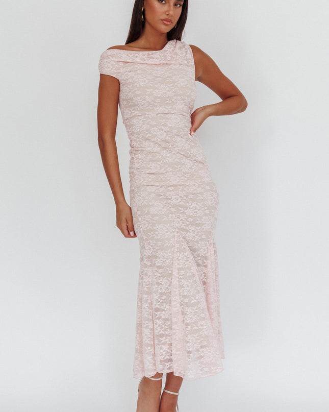 Pink Asymmetric Shoulder Godet Maxi Dress Lace