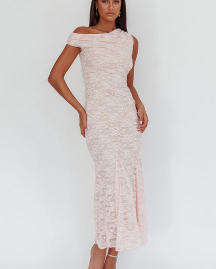 Pink Asymmetric Shoulder Godet Maxi Dress Lace