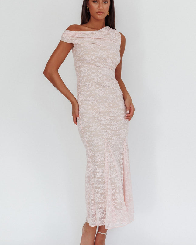 Pink Asymmetric Shoulder Godet Maxi Dress Lace
