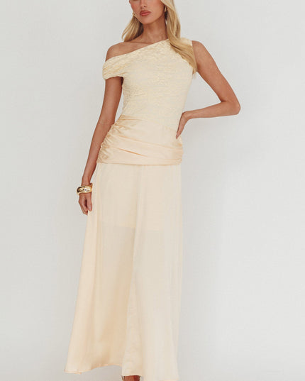 Butter Asymmetric Shoulder Pleat Waist Maxi Dress