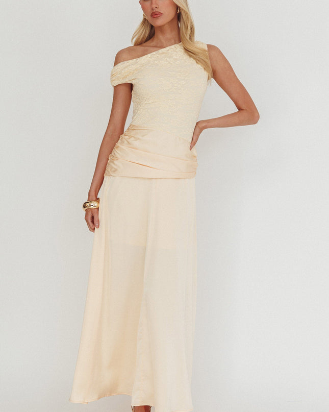 Butter Asymmetric Shoulder Pleat Waist Maxi Dress