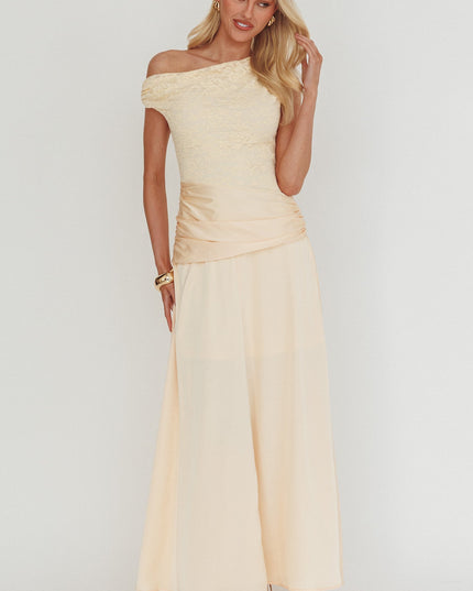 Butter Asymmetric Shoulder Pleat Waist Maxi Dress
