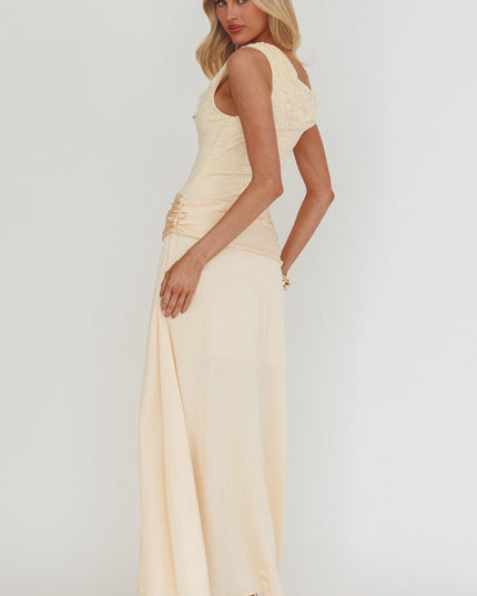 Butter Asymmetric Shoulder Pleat Waist Maxi Dress
