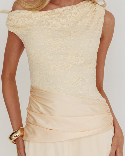 Butter Asymmetric Shoulder Pleat Waist Maxi Dress