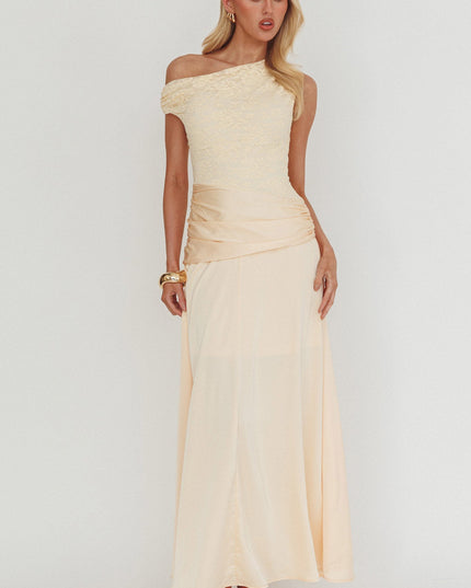 Butter Asymmetric Shoulder Pleat Waist Maxi Dress