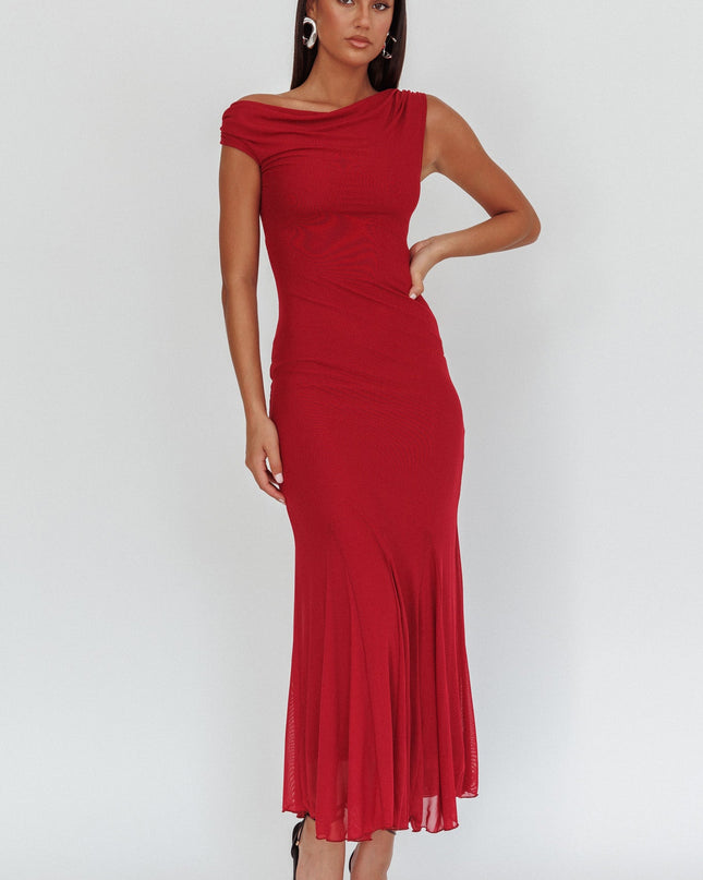 Wine Asymmetric Shoulder Godet Maxi Dress
