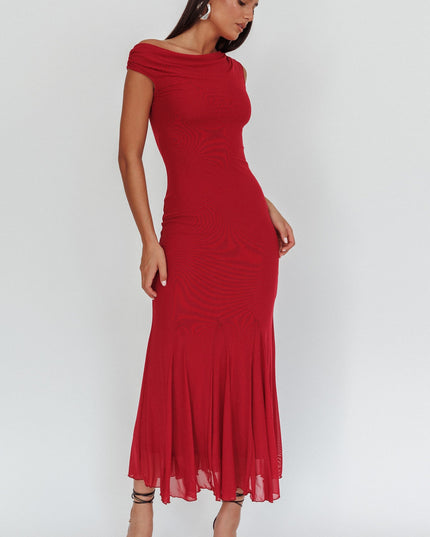 Wine Asymmetric Shoulder Godet Maxi Dress