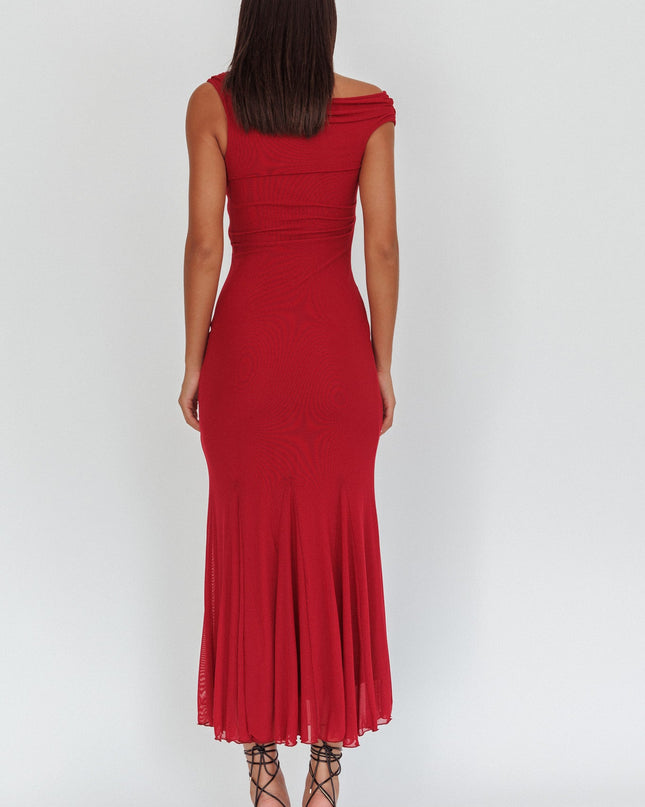 Wine Asymmetric Shoulder Godet Maxi Dress