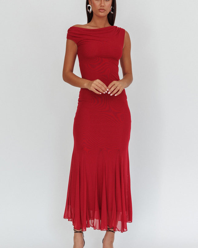 Wine Asymmetric Shoulder Godet Maxi Dress