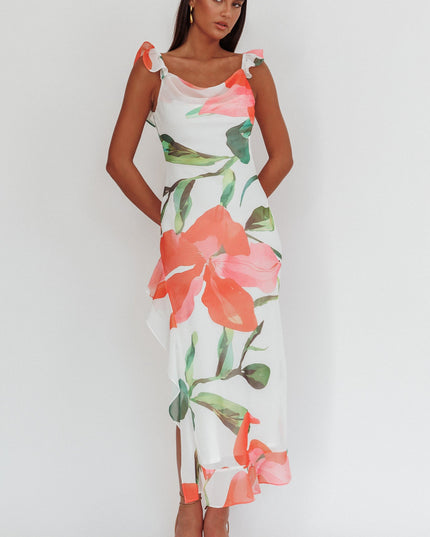 Red Ruffle Strap Maxi Dress Floral