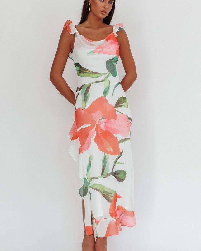 Red Ruffle Strap Maxi Dress Floral
