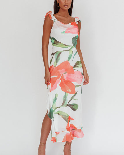Red Ruffle Strap Maxi Dress Floral