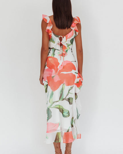 Red Ruffle Strap Maxi Dress Floral