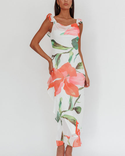 Red Ruffle Strap Maxi Dress Floral