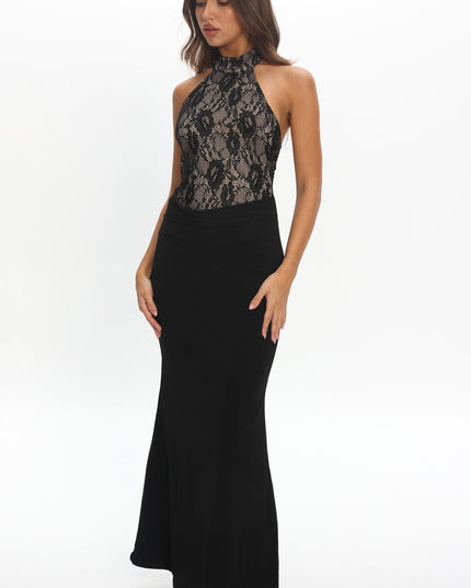 Black Lace Bodice Halter Maxi Dress