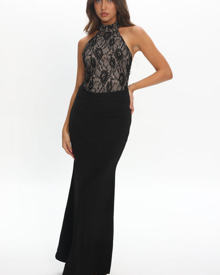 Black Lace Bodice Halter Maxi Dress