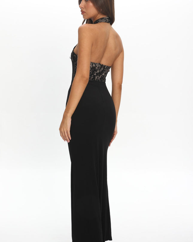 Black Lace Bodice Halter Maxi Dress